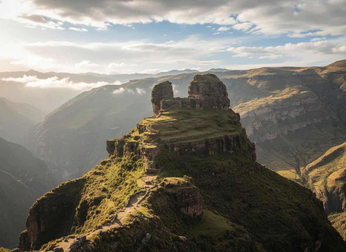 Deep within the Peruvian Andes, a colossal pre-Inca fortress with 'horns' juts out impossibly from a cliff edge, defying both gravity and historical records.