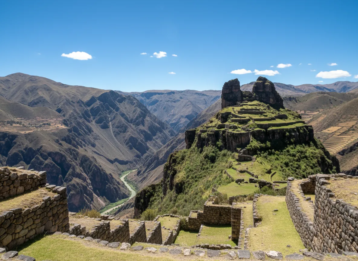A winding dirt path leading through the high Andean landscape towards distant mountains, indicative of the trek to Waqrapukara.