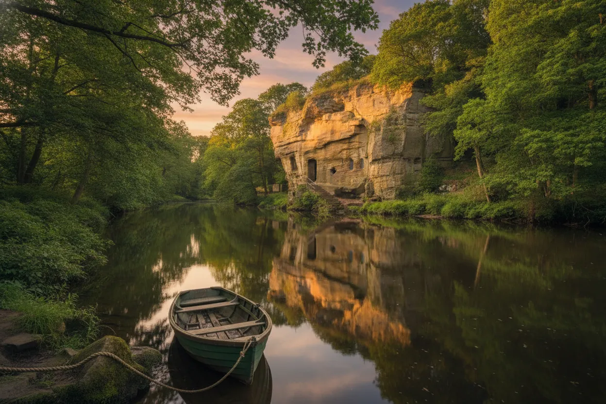 Descend into a medieval hermitage hand-carved into a sandstone cliff face, accessible only by a silent, hand-rowed boat across the River Coquet.