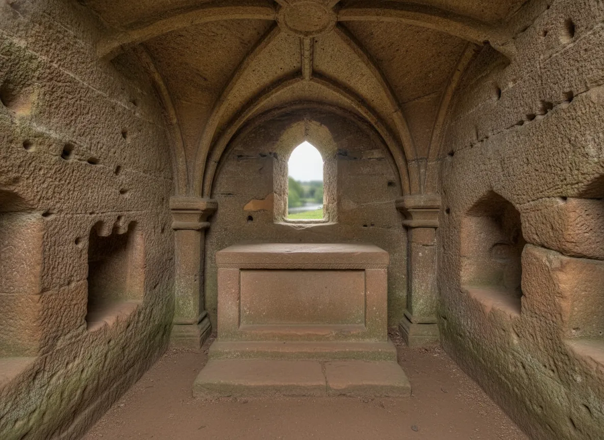 A small, hand-rowed boat glides across the tranquil River Coquet towards a sandstone cliff face, hinting at the hidden Warkworth Hermitage entrance.