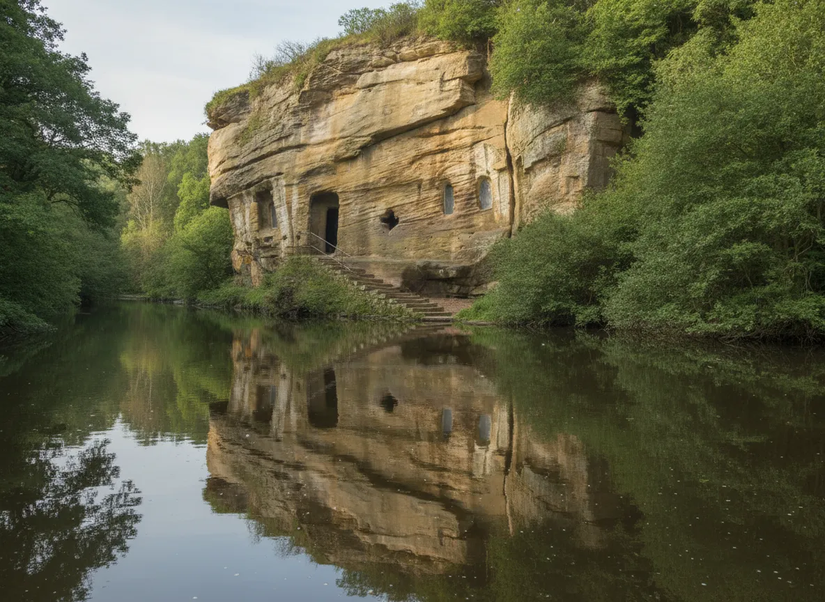 Inside Warkworth Hermitage, showing the hand-carved rock chapel with an altar and a small window overlooking the river, bathed in soft natural light.
