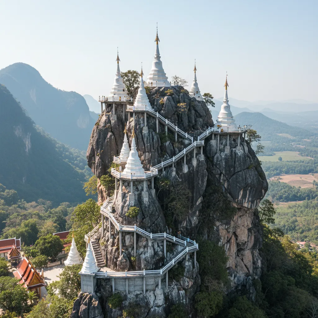 Distant view of Wat Chalermprakiat Phrachomklao Rachanuson, showing white chedis perched on limestone peaks above a green jungle canopy.