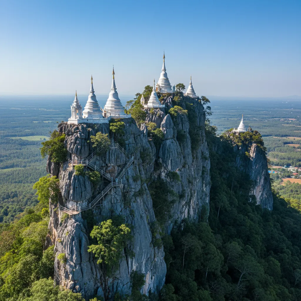A person climbing a steep, narrow staircase carved into the side of a limestone mountain, leading to a white chedi at Wat Chalermprakiat.