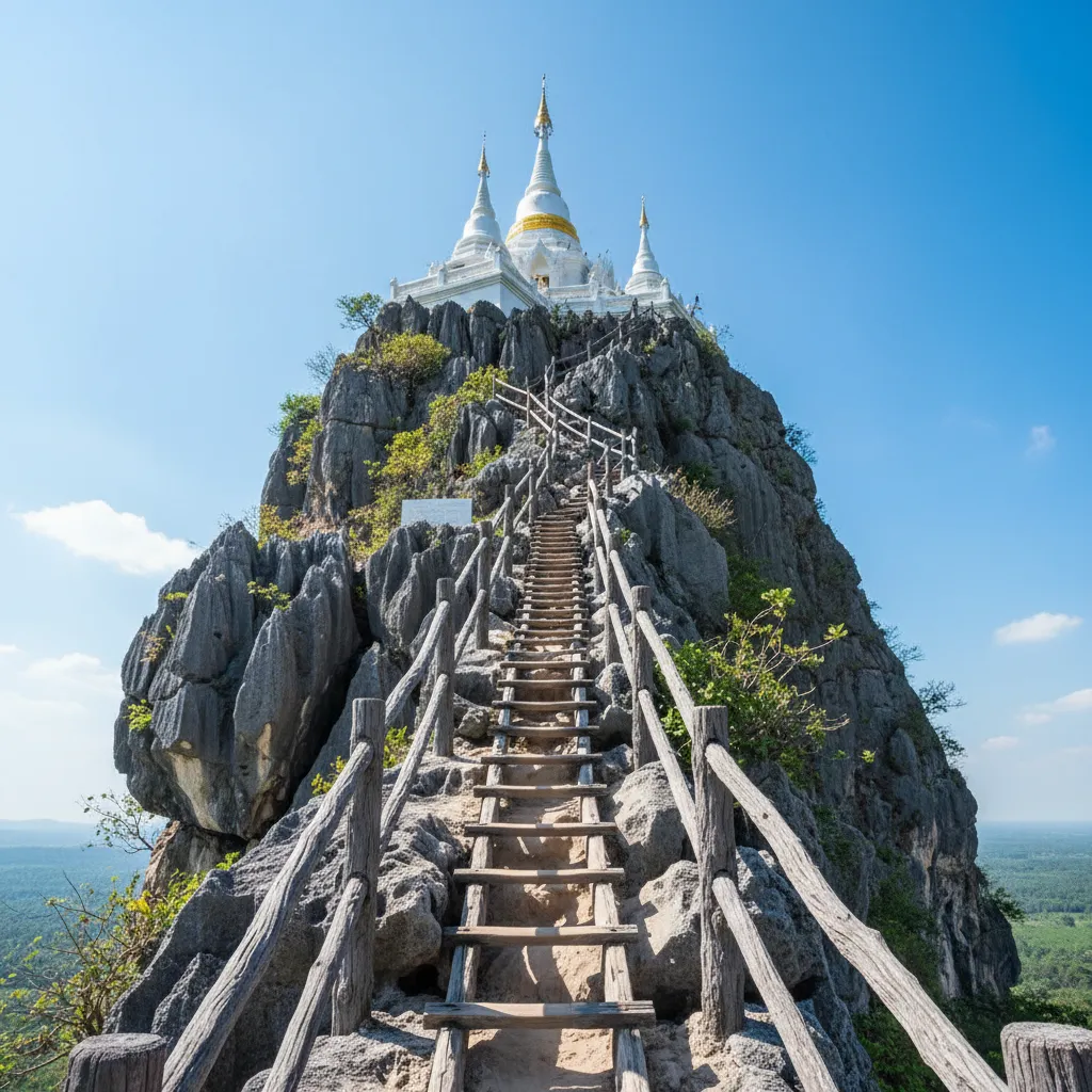 Panoramic view from the summit of Wat Chalermprakiat, showing multiple white chedis perched on different peaks, with a vast jungle landscape stretching to the horizon under a clear sky.