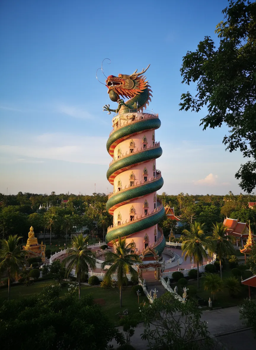 A towering pink temple, seemingly embraced by an enormous, emerald-green dragon, spirals skyward into the clouds.