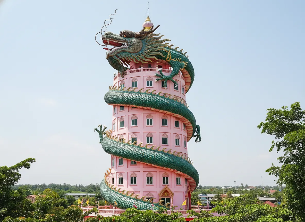 The towering pink temple of Wat Samphran with its enormous green dragon wrapped around it, reaching for the sky.