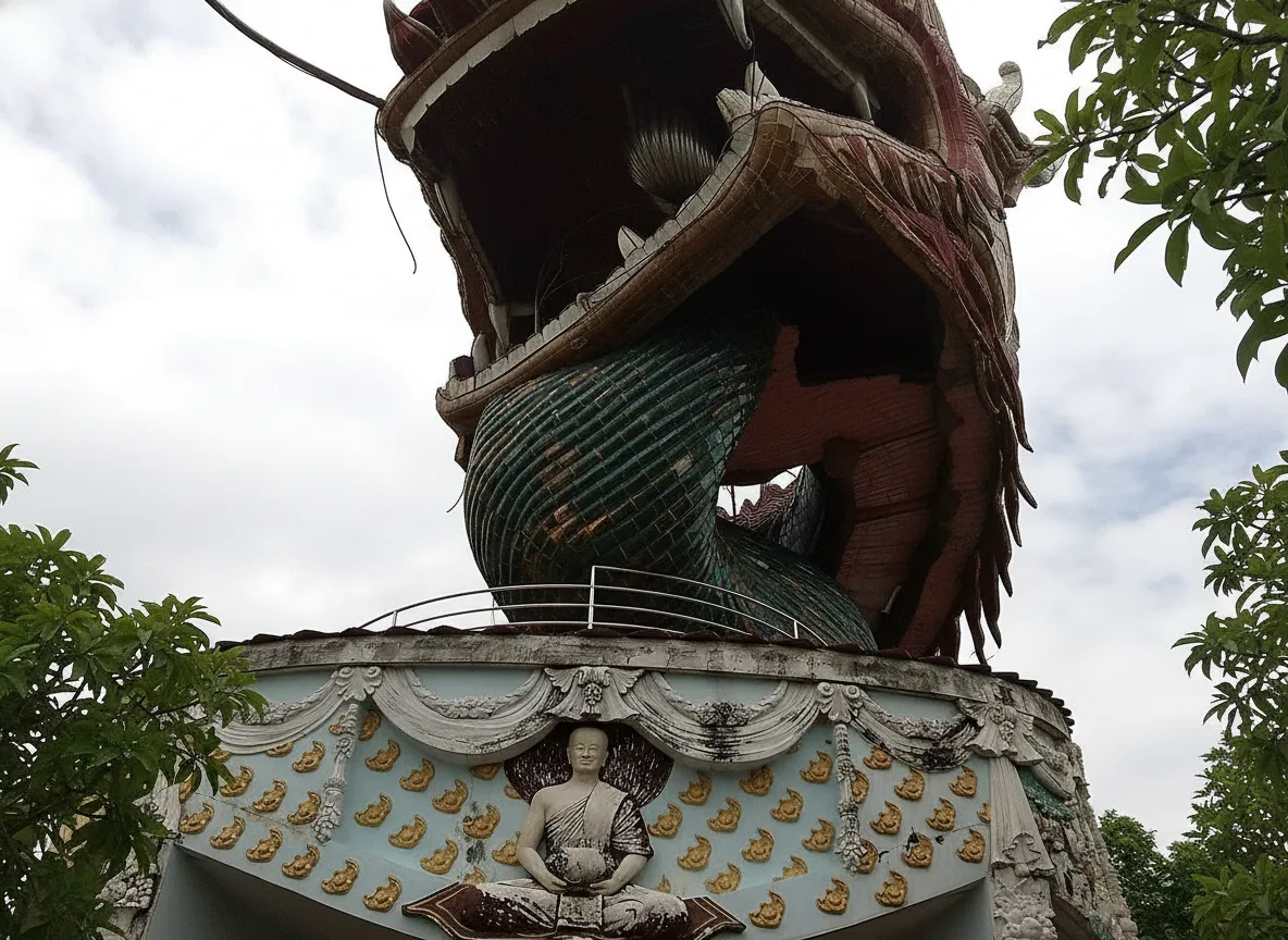 A view from inside the dragon's body, showing the spiral staircase and a window looking out onto the temple grounds.