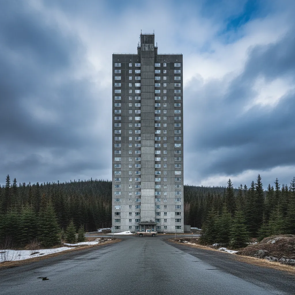 Exterior view of Begich Towers in Whittier, Alaska, with mountains and water in the background.