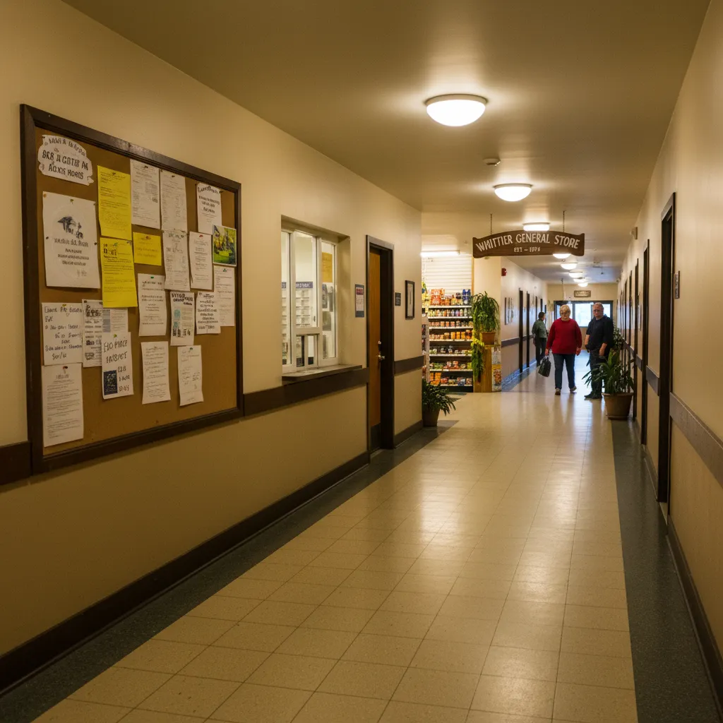 Kayakers paddling in the calm waters of Prince William Sound near Whittier, Alaska, with glaciers and mountains in the background.