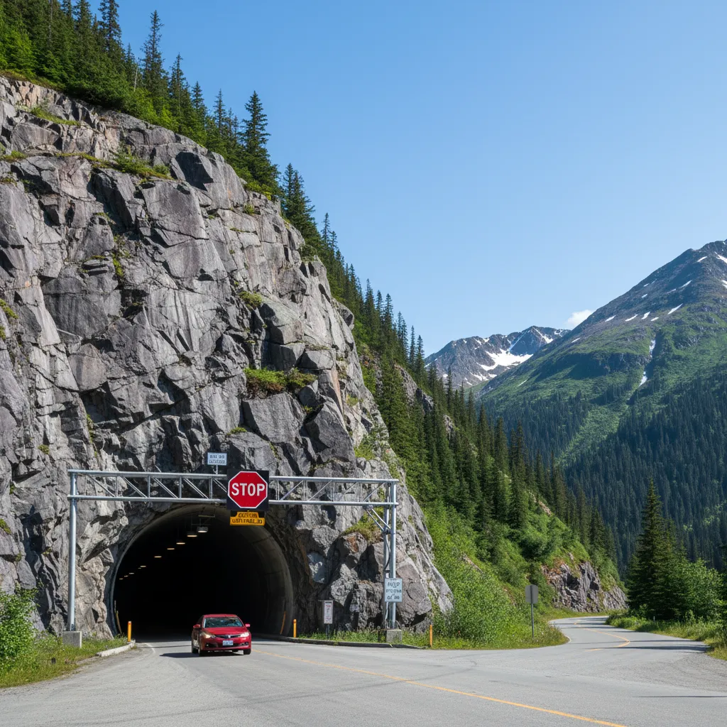 A scenic view of Whittier, Alaska, showing the small harbor, the Begich Towers, and surrounding mountains under a cloudy sky.