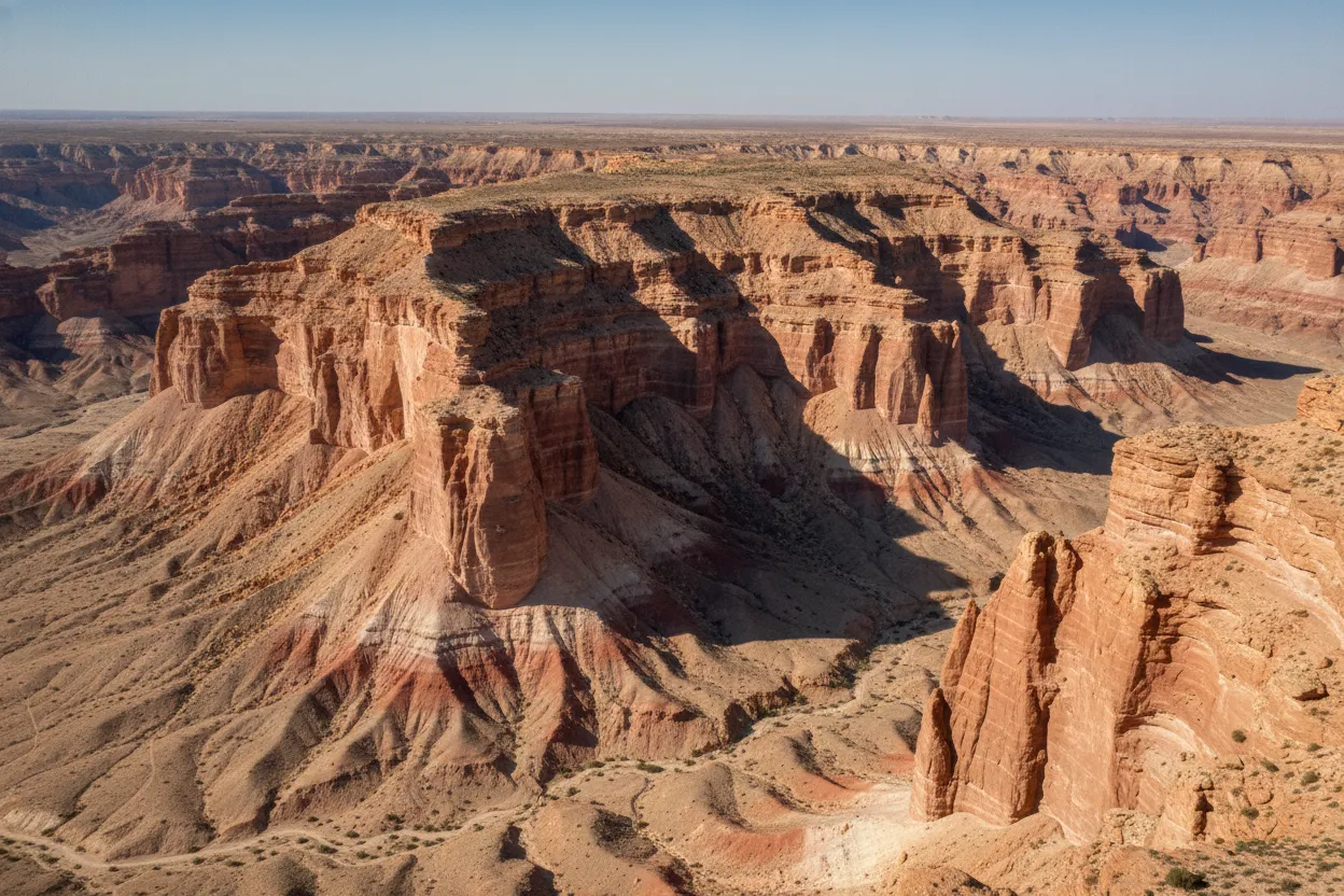 Panoramic view of Yangikala Canyon at sunset, showing vast expanse of crimson, pink, and orange rock formations under a dramatic sky.