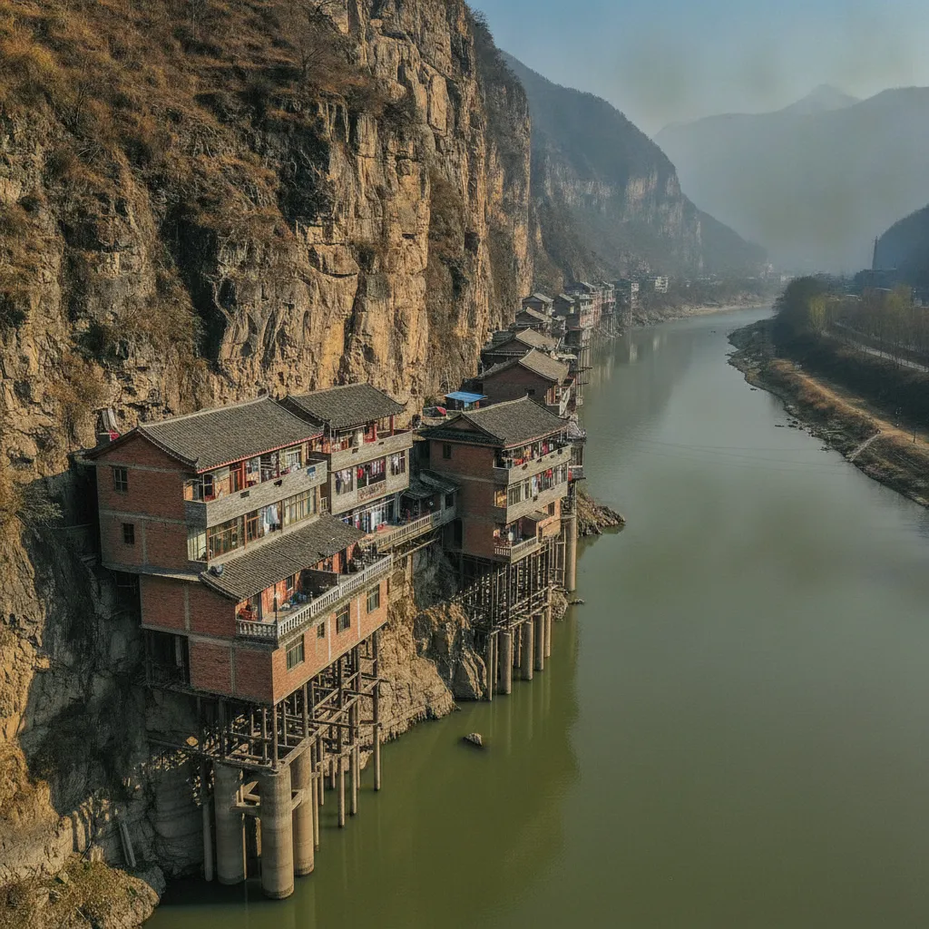 Yanjin County buildings on stilts over the Guanhe River, nestled between towering cliffs.