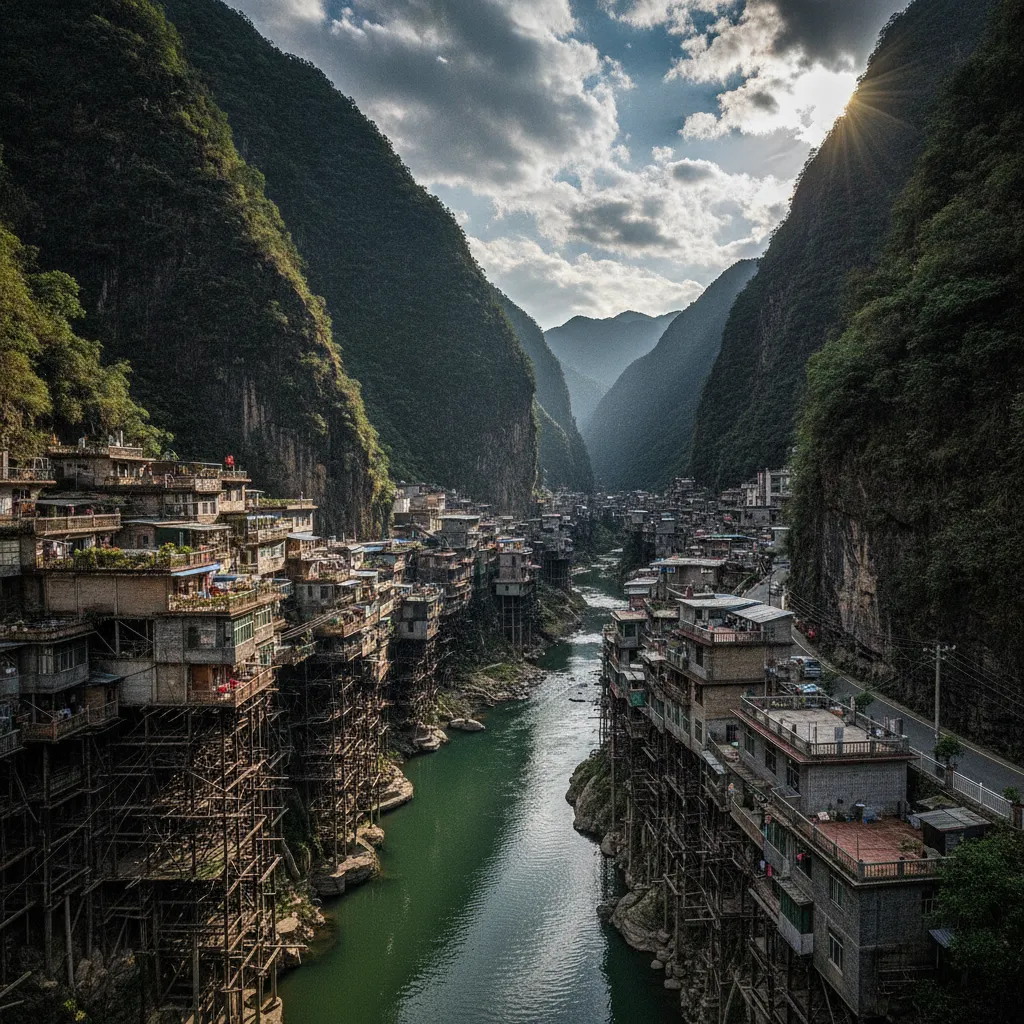 Narrow street in Yanjin County with buildings built into the cliff face and over the river.