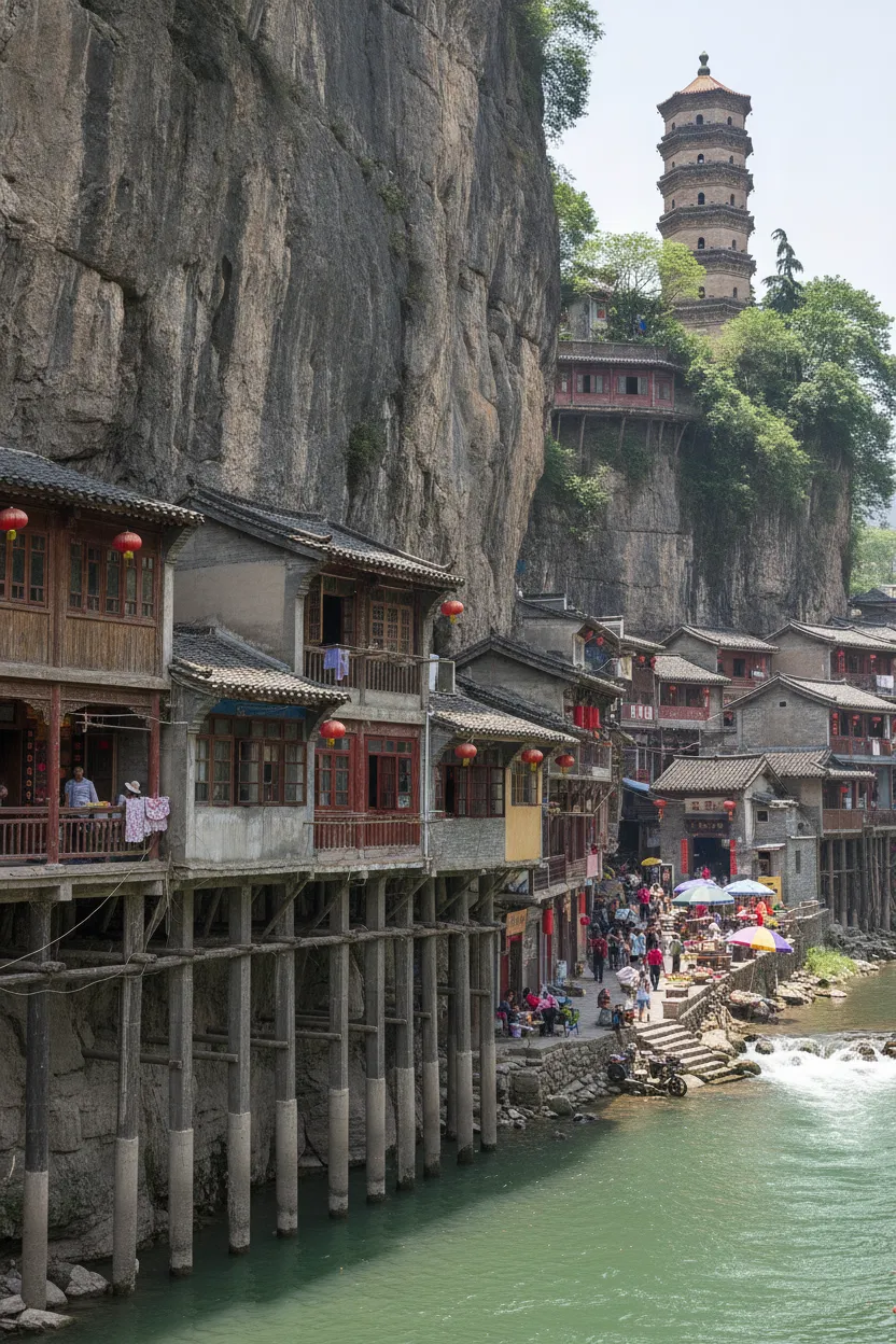 View of Yanjin County from across the Guanhe River, showing the entire town clinging to the cliff.