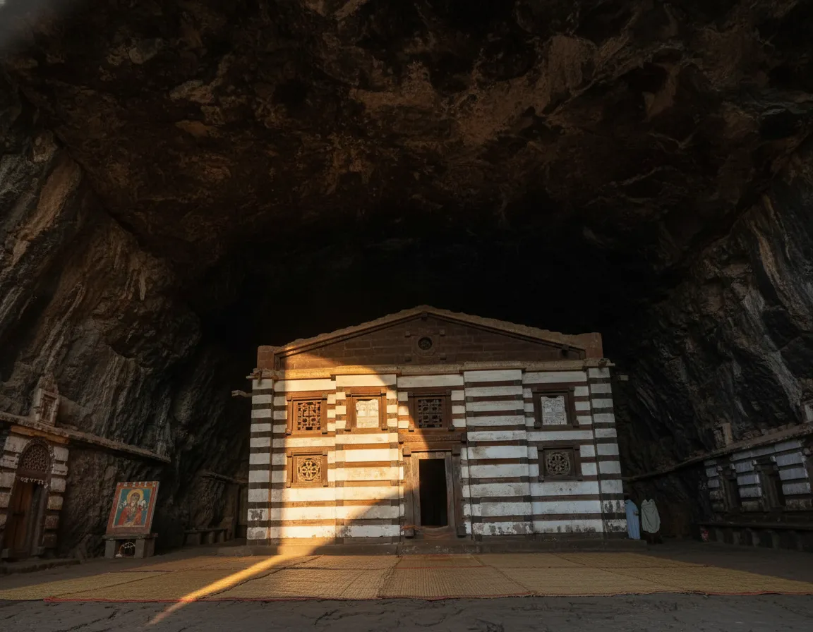 Behold a magnificent, entirely rock-hewn church, predating the famous Lalibela, tucked away inside the cavernous embrace of a colossal natural basalt cave.
