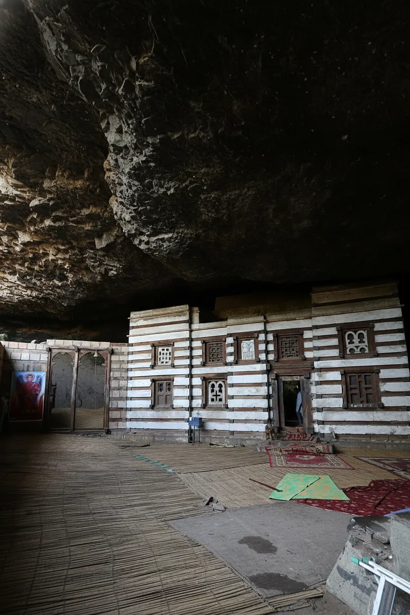 Exterior view of Yemrehanna Kristos Church, showing the church nestled inside a vast natural basalt cave, surrounded by rugged Ethiopian landscape.