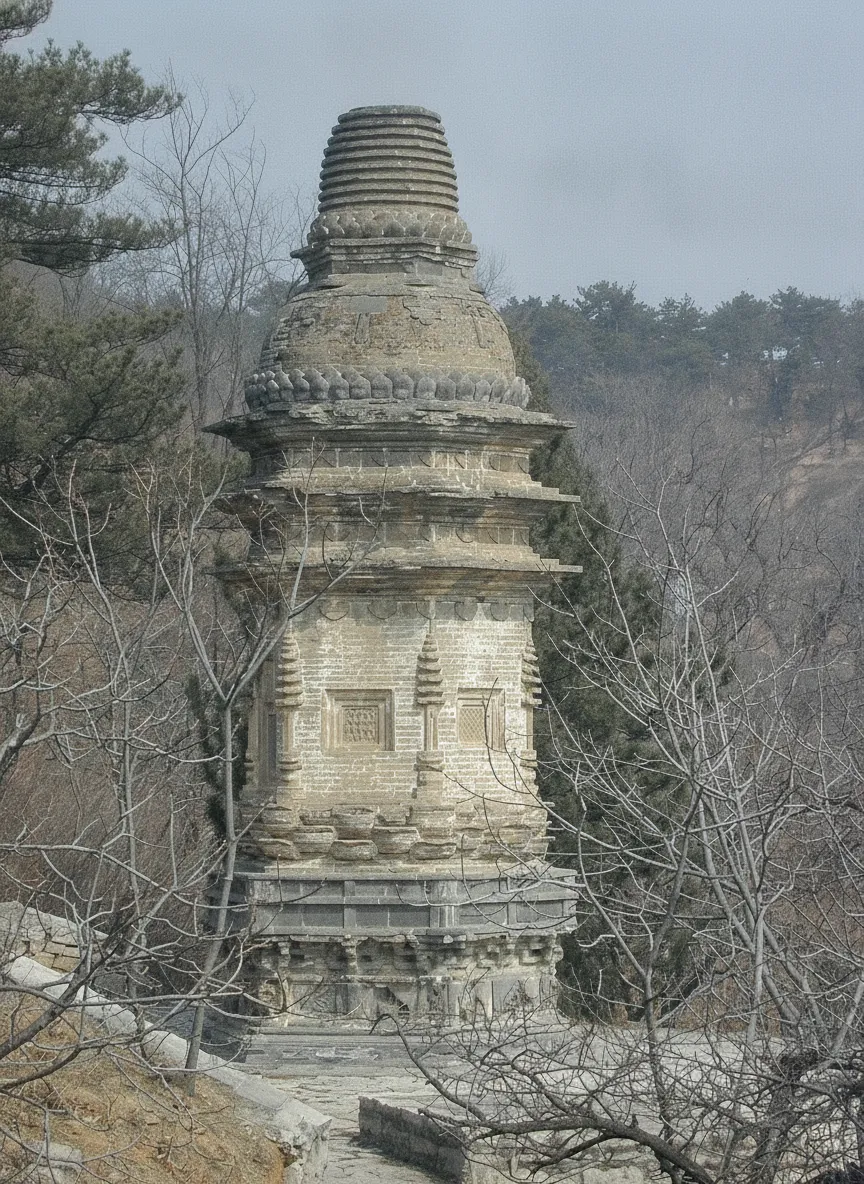 Dozens of ancient stone pagodas rising from lush green cliffs at Yinshan Pagoda Forest, under a clear sky.