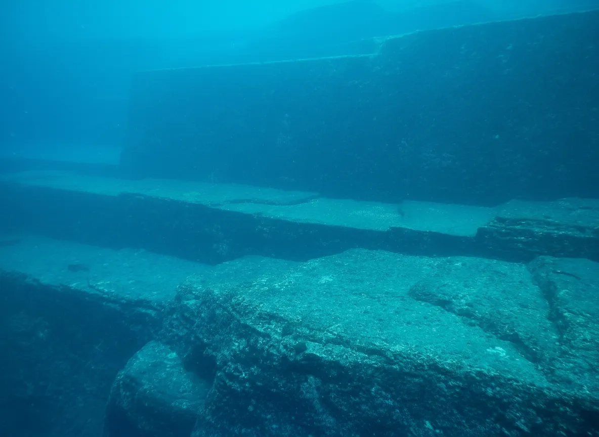 Diver exploring the massive, geometric rock formations of the Yonaguni Monument underwater
