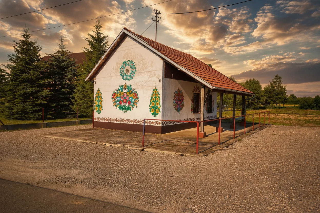 Imagine an entire village where every house, barn, well, and even dog kennel bursts with an explosion of vibrant, hand-painted floral designs, transforming a rural landscape into a living work of art.