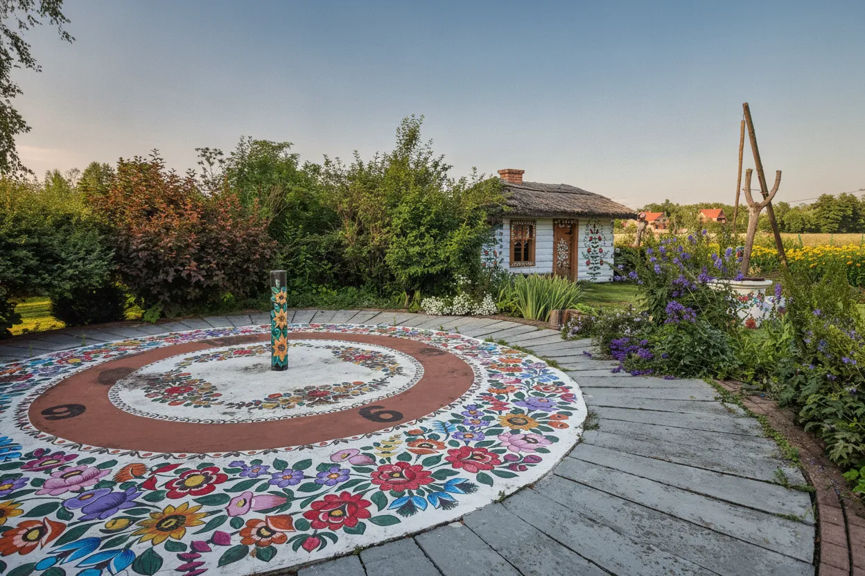 A vibrant, hand-painted cottage in Zalipie, Poland, adorned with intricate floral designs around windows and doors against a green garden.