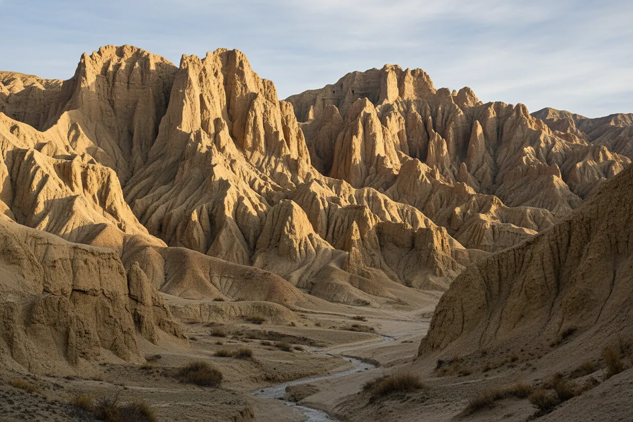 A lone traveler stands amidst the vast Zanda Earth Forest at sunset, capturing the scale of the landscape.