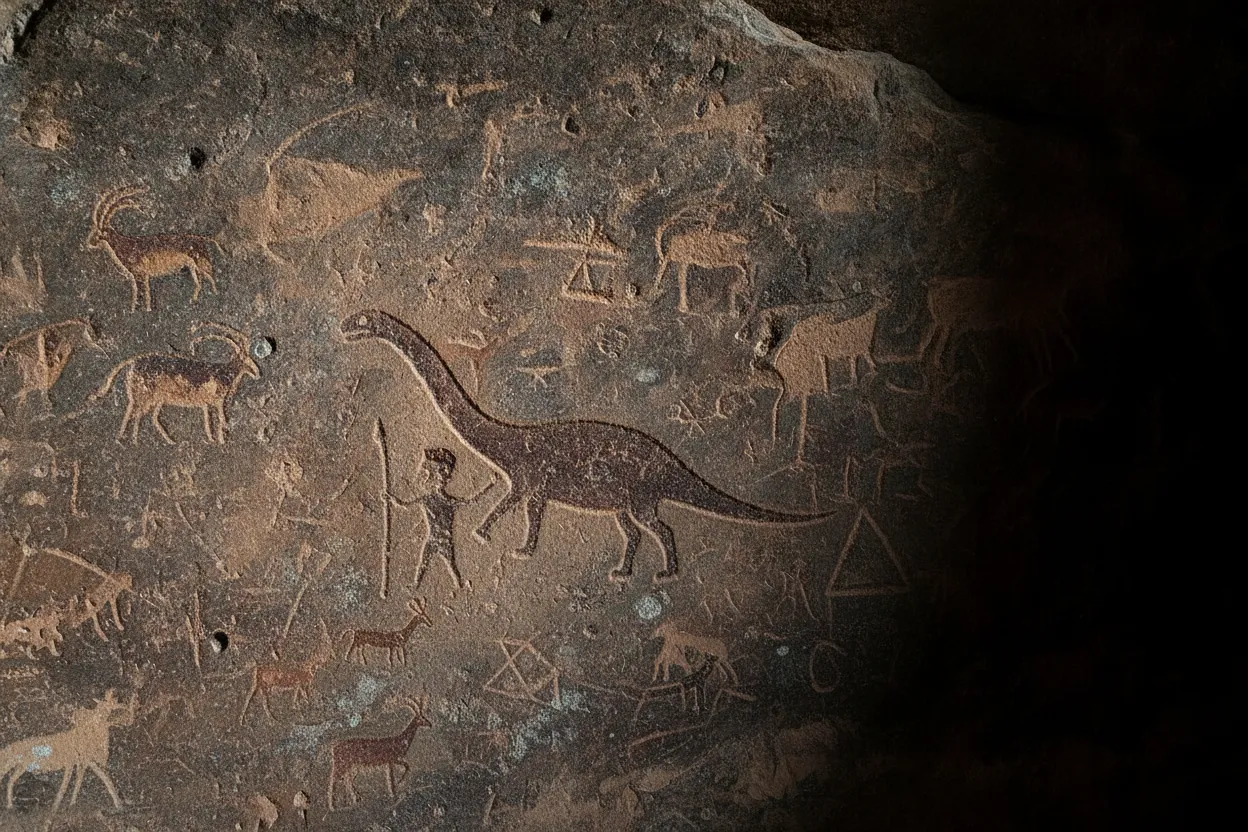 Ancient petroglyphs on cave wall depicting human figures and mysterious large animal at Zarautsay, Uzbekistan